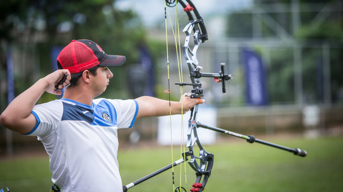 Julio Barrilas shoots at the first stage of the 2019 Hyundai Archery World Cup in Medellin. 