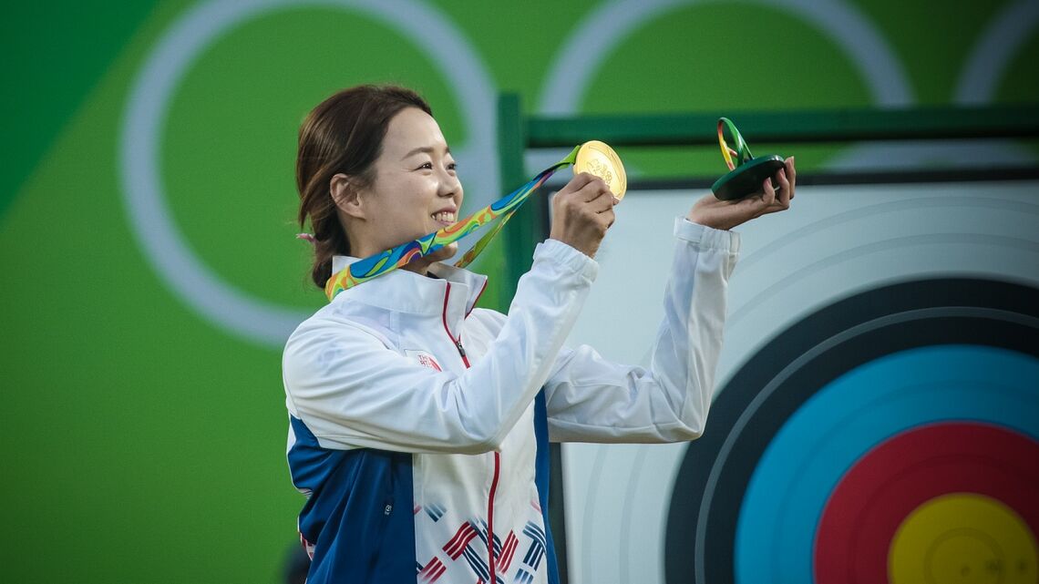 Chang Hye Jin celebrates winning the 2016 Olympic Games in Rio.