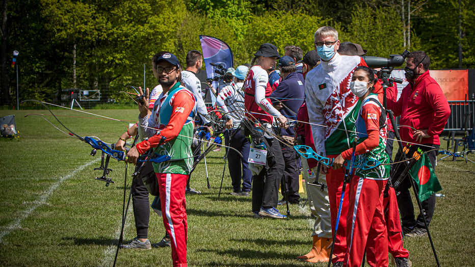 Diya Siddique and Md Ruman Shana wait to shoot at the second stage of the 2021 Hyundai Archery World Cup in Lausanne.