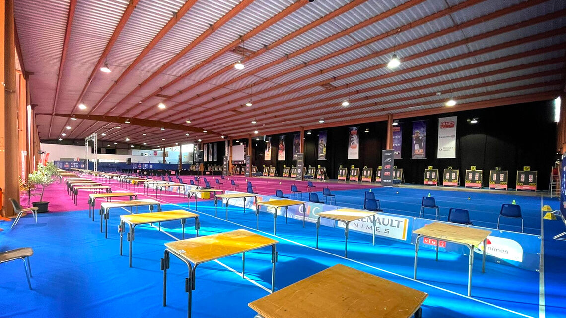 Competition hall at the Sud de France – Nimes Archery Tournament in 2021.