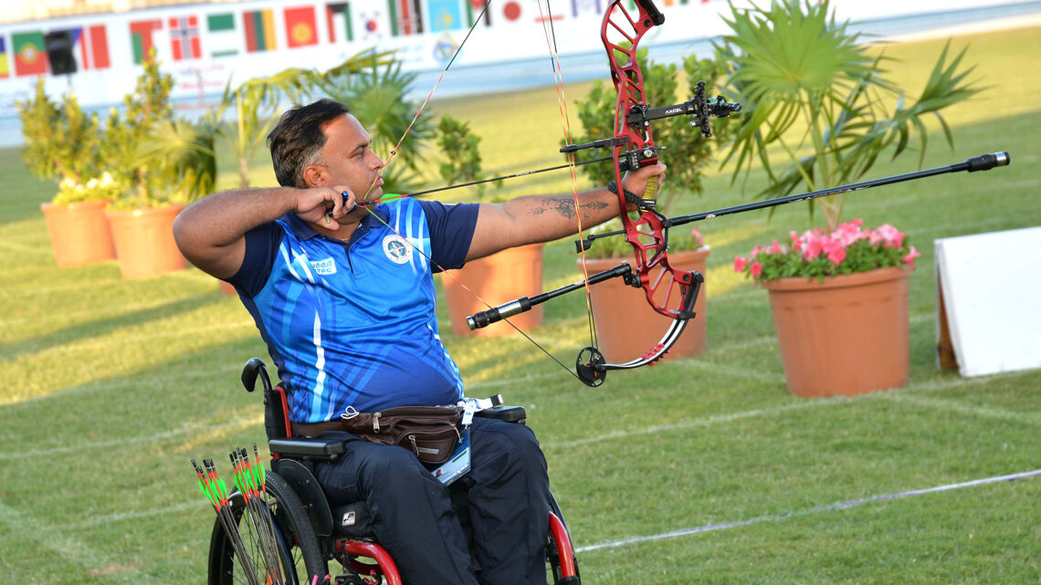 Rajesh Kumar shoots during finals at the Fazza tournament in 2021.