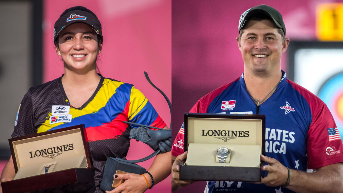 Sara Lopez and Brady Ellison on the podium at the Hyundai Archery World Cup Final in 2019.