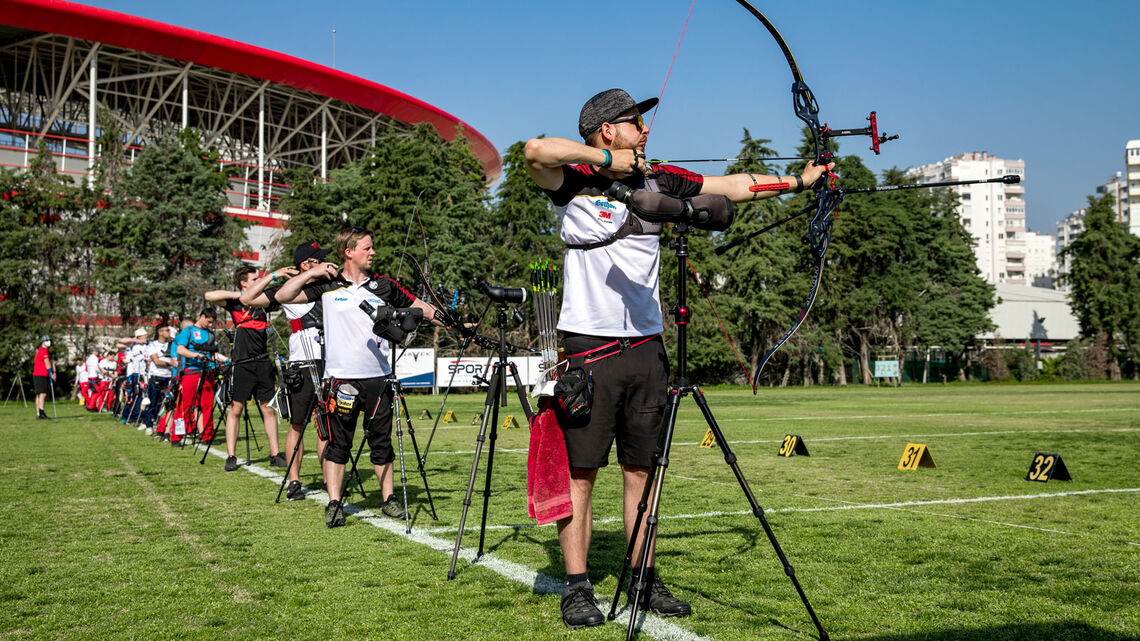 Archers shoot during practice at the European Grand Prix in Antalya in 2021.
