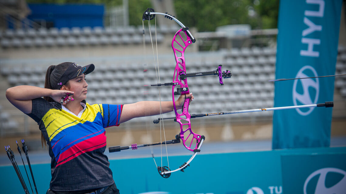 Sara Lopez shoots during finals at the third stage of the 2021 Hyundai Archery World Cup in Paris.