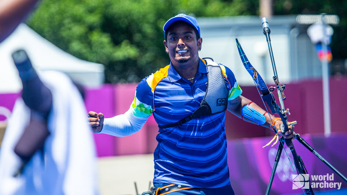 Atanu Das celebrates his second-round win at the Tokyo 2020 Olympic Games.