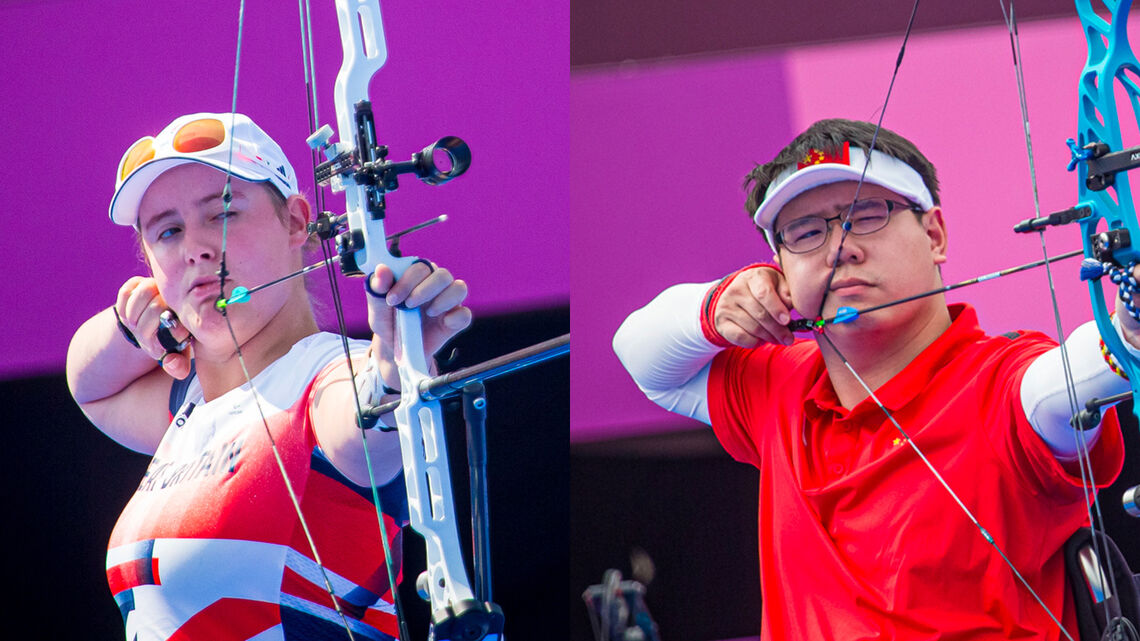 Phoebe Pine and He Zihao shoot at the Tokyo 2020 Paralympic Games.