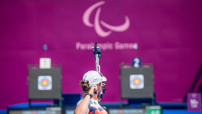 Phoebe Pine shoots at the Tokyo 2020 Paralympic Games.