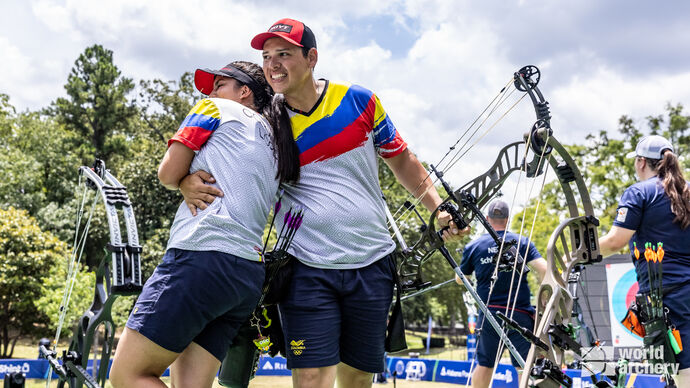 Colombia celebrates compound mixed team gold at the World Games in 2022.