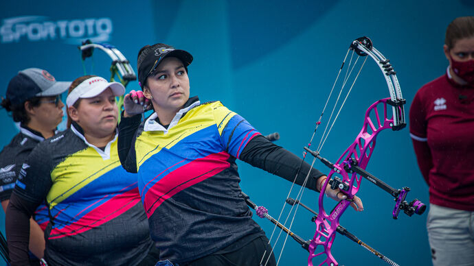 Sara Lopez shoots at stage three of the 2021 Hyundai Archery World Cup in Paris, France. 