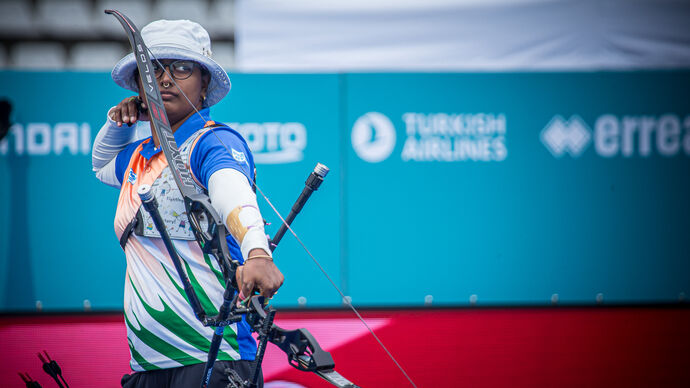Deepika Kumari shoots during the final at the third stage of the 2021 Hyundai Archery World Cup in Paris.
