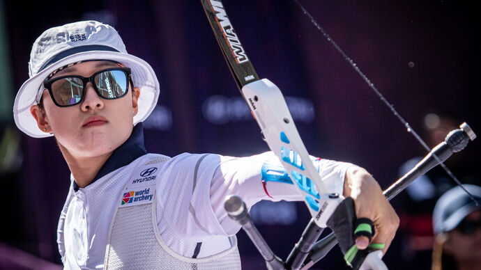 An San shoots at the 2022 Hyundai Archery World Cup Final in Tlaxcala.