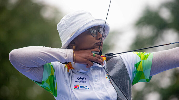 Deepika Kumari shoots at the 2021 Hyundai Archery World Cup Final.