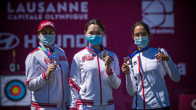 Recurve women’s podium at Lausanne 2021 Hyundai Archery World Cup