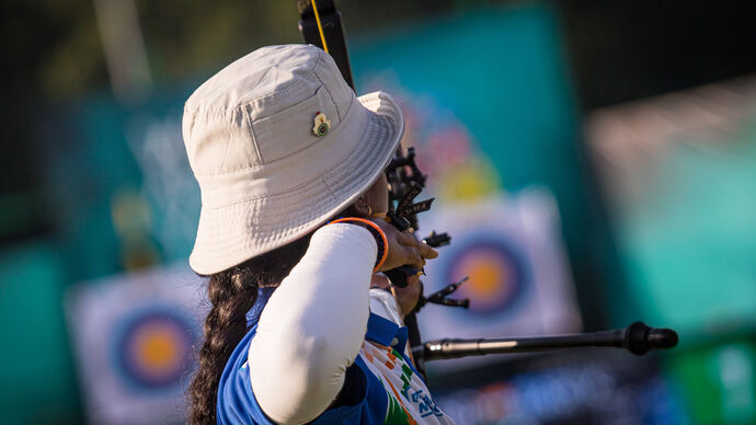 Komalika Bari shoots during finals at the 2021 World Archery Youth Championships in Wroclaw.