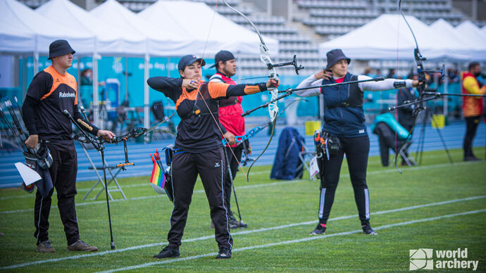 The Dutch recurve mixed team shoots during the third stage of the 2021 Hyundai Archery World Cup in Paris.