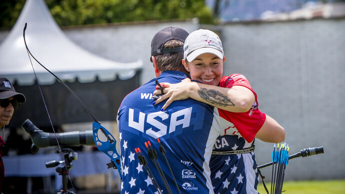 Casey Kaufhold celebrates making the recurve mixed team final fours in Medellin