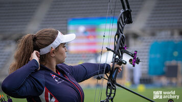Ella Gibson shoots during qualifying at the third stage of the 2021 Hyundai Archery World Cup in Paris.