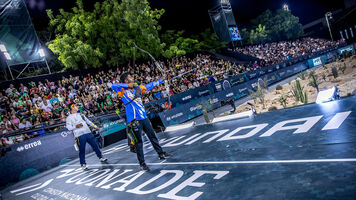 Kim Woojin and Dihraj Bommadevara at the 2023 Hyundai Archery World Cup Final.