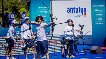 The French recurve men’s team shooting for gold at Antalya 2024.