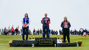 The compound women’s podium at the world field championships.