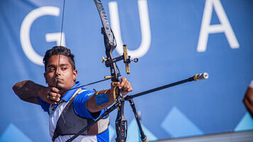 Atanu Das shoots at the first stage of the 2021 Hyundai Archery World Cup in Guatemala City.