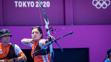 Gaby Schloesser shoots during the Tokyo 2020 Olympic Games.