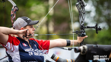 Paige Pearce shoots during qualification at the first stage of the 2021 Hyundai Archery World Cup in Guatemala City.