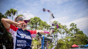 Linda Ochoa-Anderson shoots during practice at the first stage of the 2021 Hyundai Archery World Cup in Guatemala City.