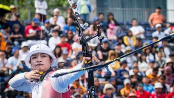 Kang Chae Young shoots in the recurve women’s final at the second stage of the 2019 Hyundai Archery World Cup in Shanghai.