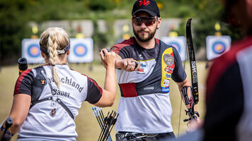 Germany recurve mixed team celebrate making the finals at Gwangju 2022