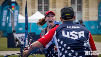 Brady Ellison and Casey Kaufhold win mixed team gold in Paris.